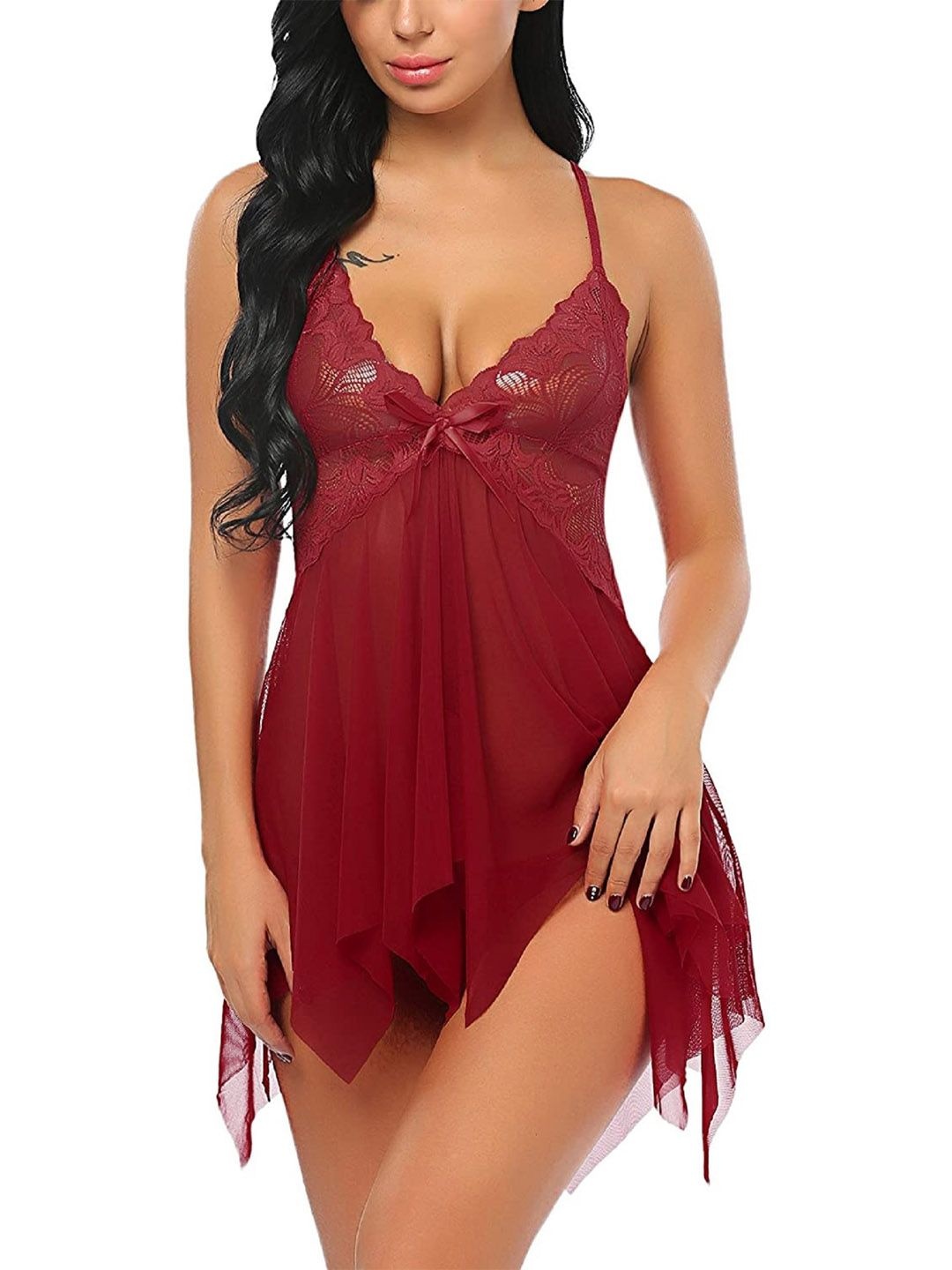 

Beera Women Self Design Baby Doll with Asymmetric, Maroon