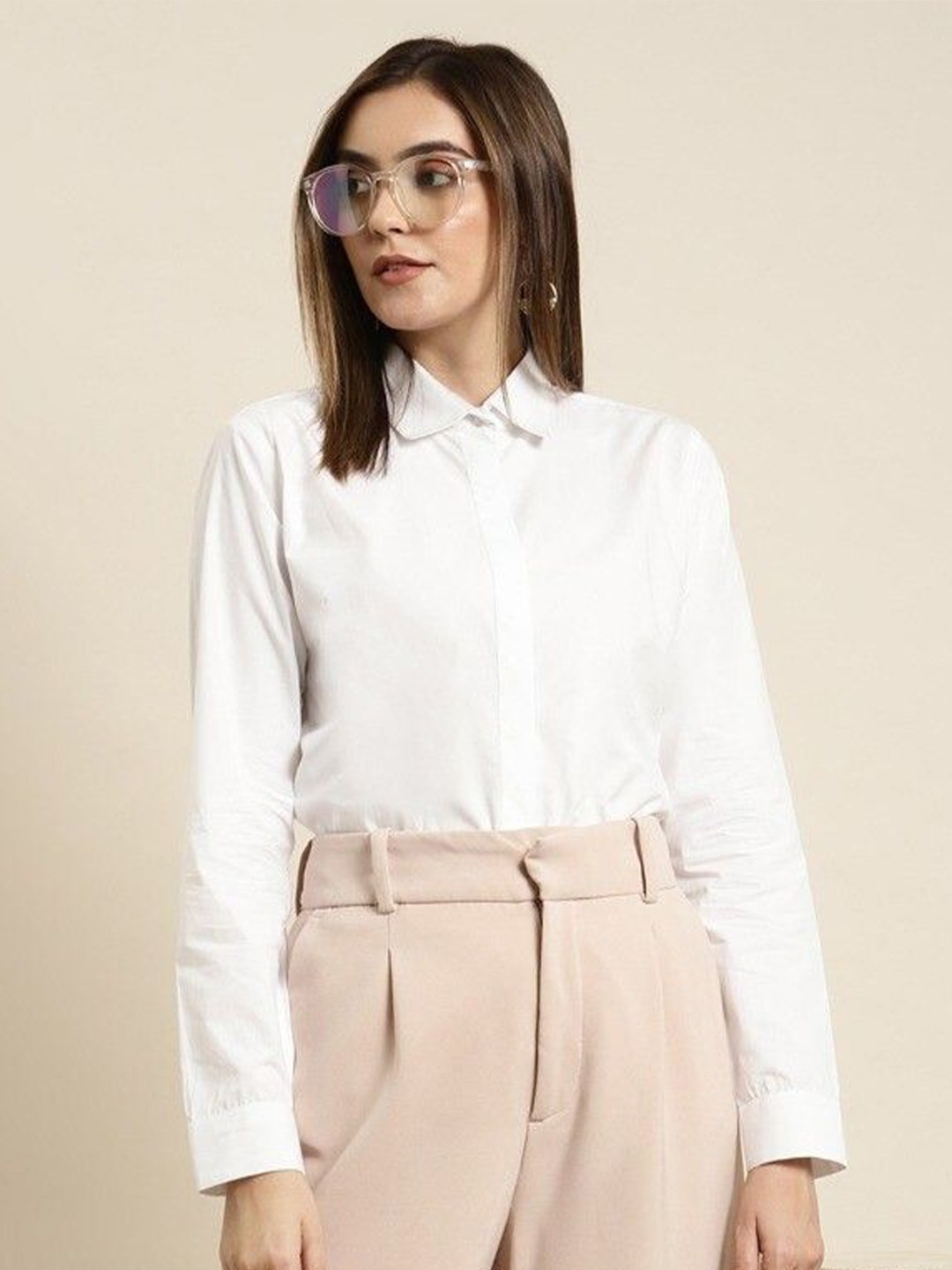 

NANCHI Women Comfort Relaxed Fit Spread Collar Solid Cotton Formal Shirt, White
