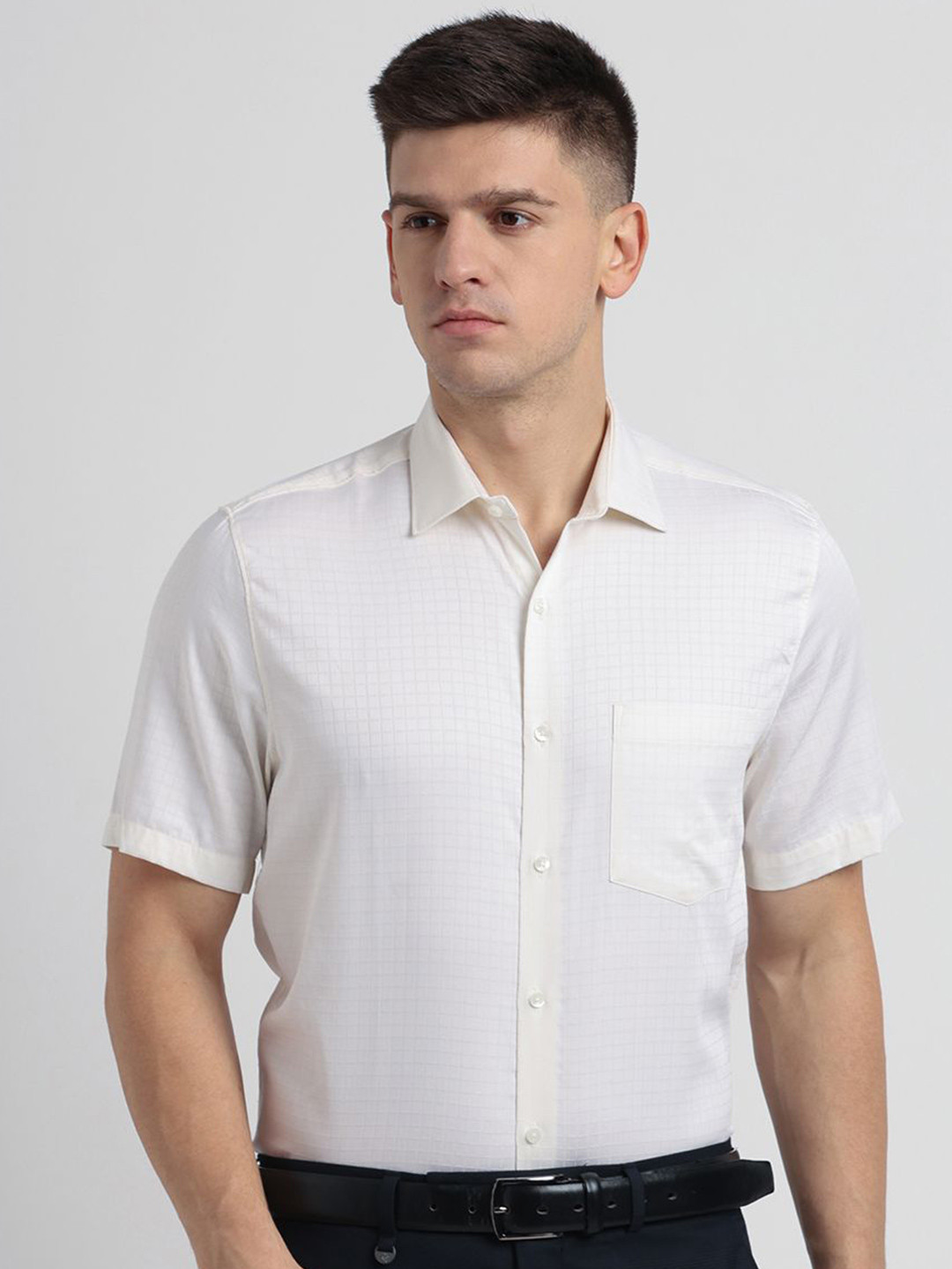 

Turtle Men Standard Slim Fit Spread Collar Grid Tattersall Checked Cotton Formal Shirt, Off white