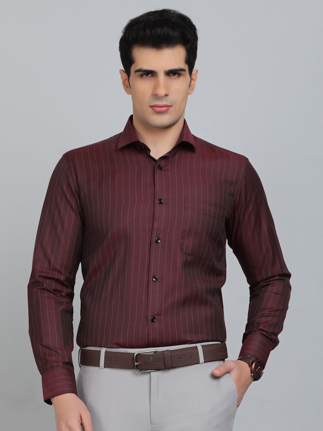 

Greenfibre Men Slim Fit Spread Collar Vertical Striped Cotton Formal Shirt, Maroon