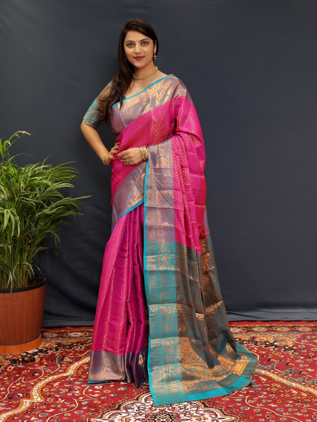 

yourwish Woven Design Zari Kanjeevaram Saree, Pink