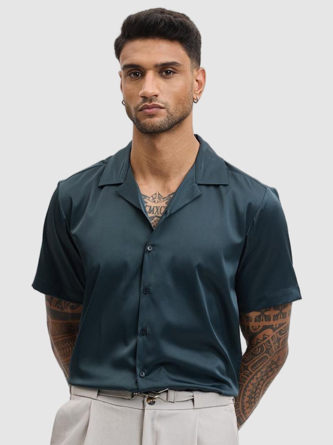 

Snitch Men Relaxed Fit Cuban Collar Solid Casual Shirt, Charcoal