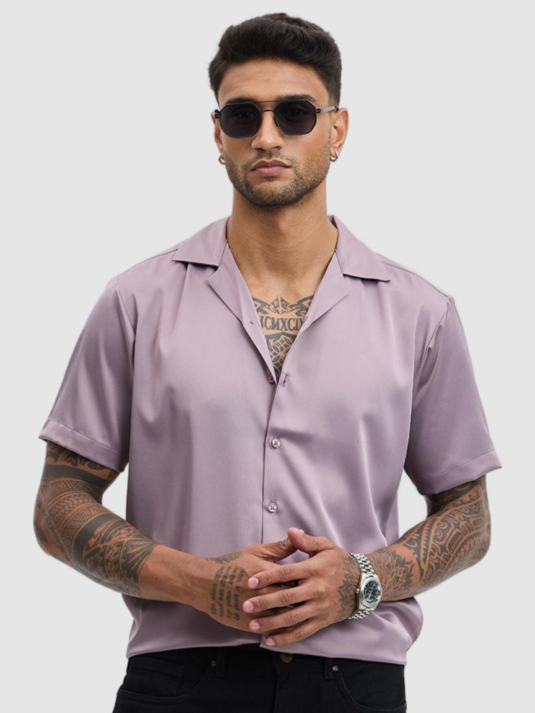 

Snitch Men Relaxed Fit Cuban Collar Solid Casual Shirt, Lavender