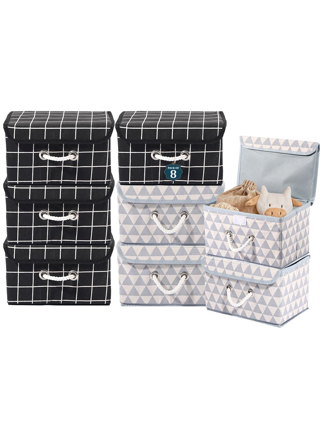 

Kuber Industries Grey Set of 8 Reusable Drawer Organiser Printed Storage Basket