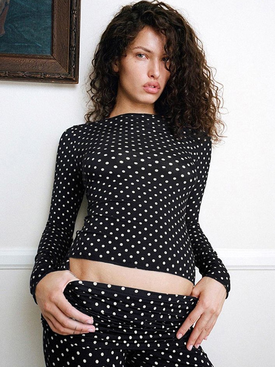 

LULU & SKY Polka Dot Printed Boat Neck Crop Top, Black