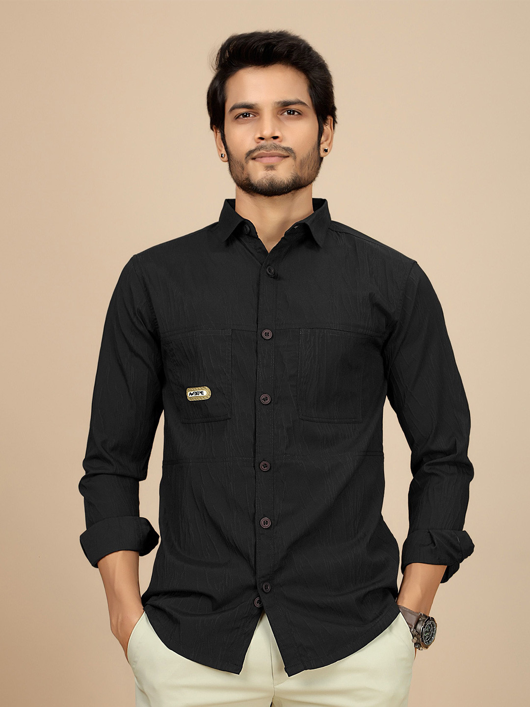 

JOSE N POSE Men Premium Tailored Fit Spread Collar Textured Cotton Casual Shirt, Black