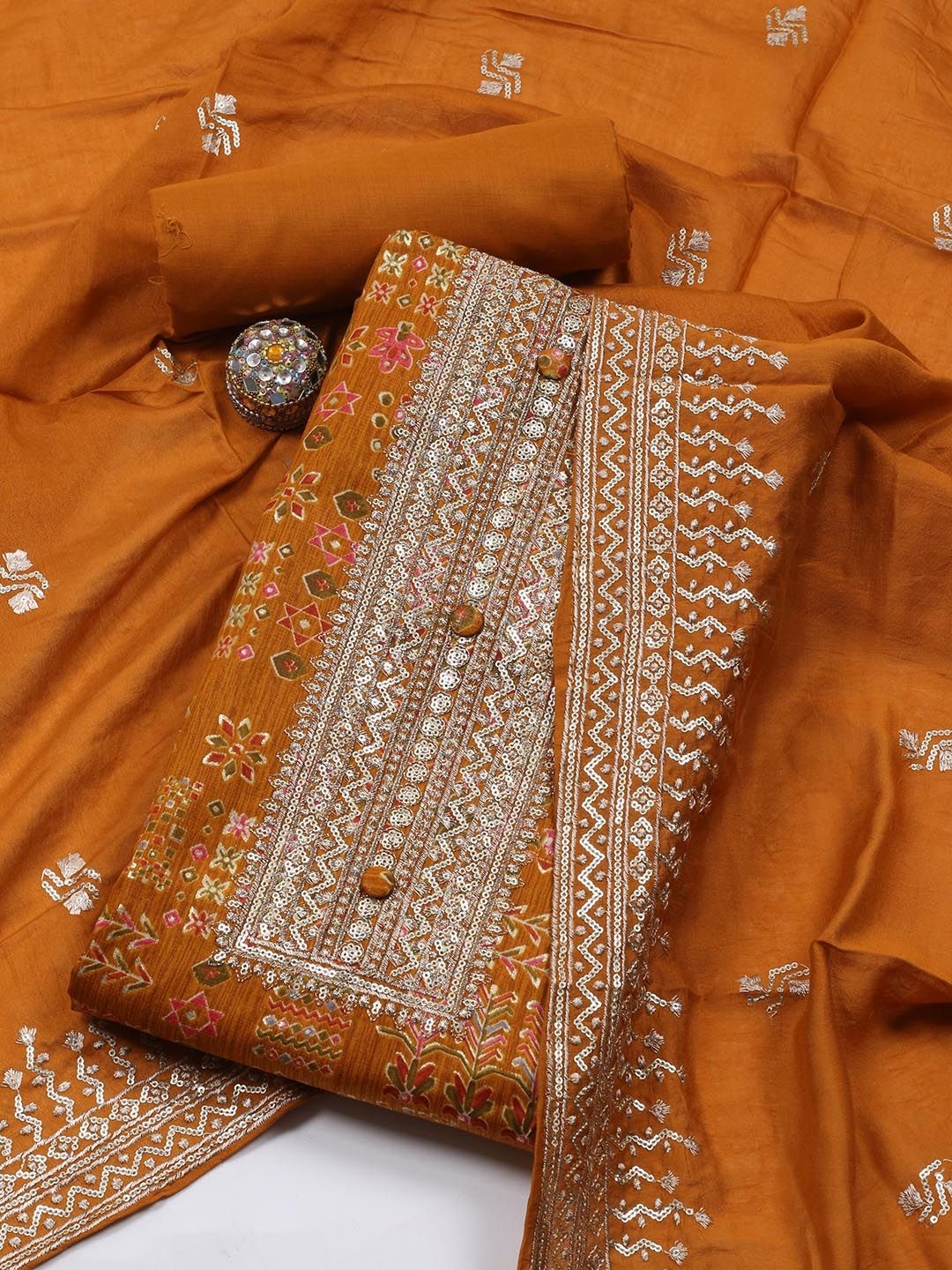 

Meena Bazaar Ethnic Motifs Printed Sequinned Unstitched Dress Material, Orange