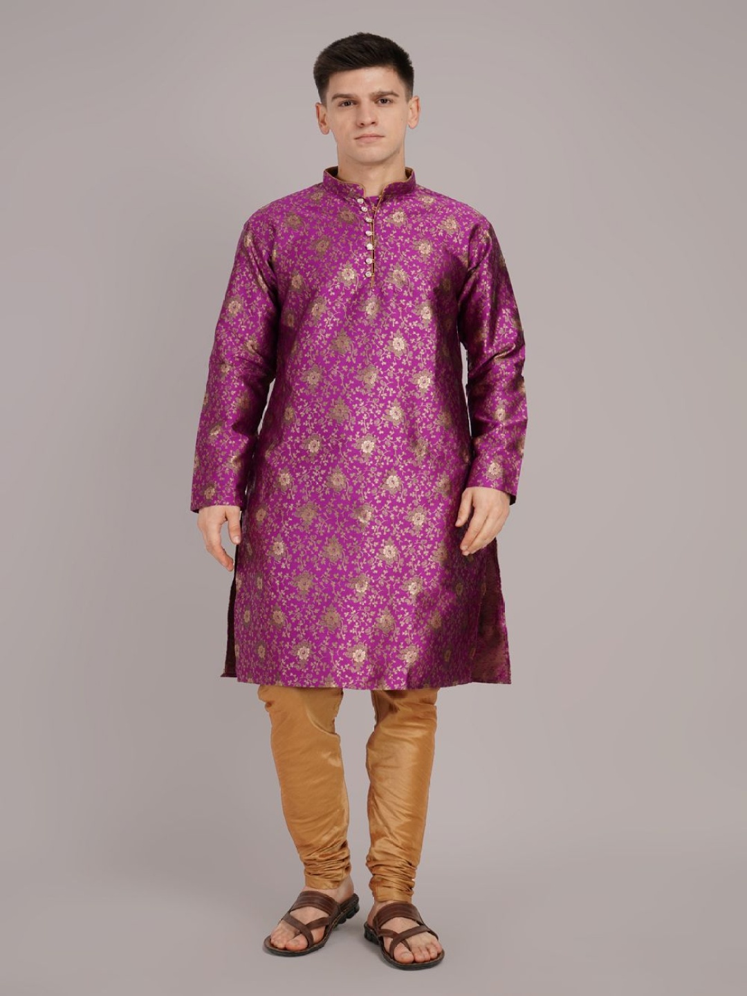 

Larwa Floral Woven Design Mandarin Collar Jacquard Weave Kurta With Churidar, Purple