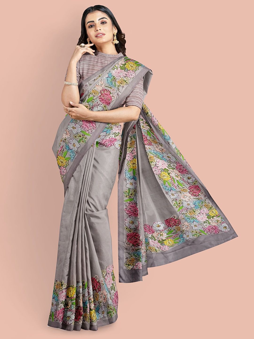 

Avyay Creation Printed Silk Crepe Saree, Grey