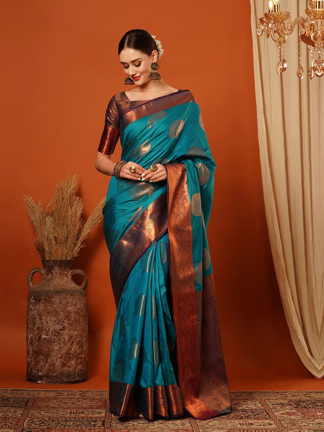 

yourwish Woven Design Zari Kanjeevaram Saree, Turquoise blue