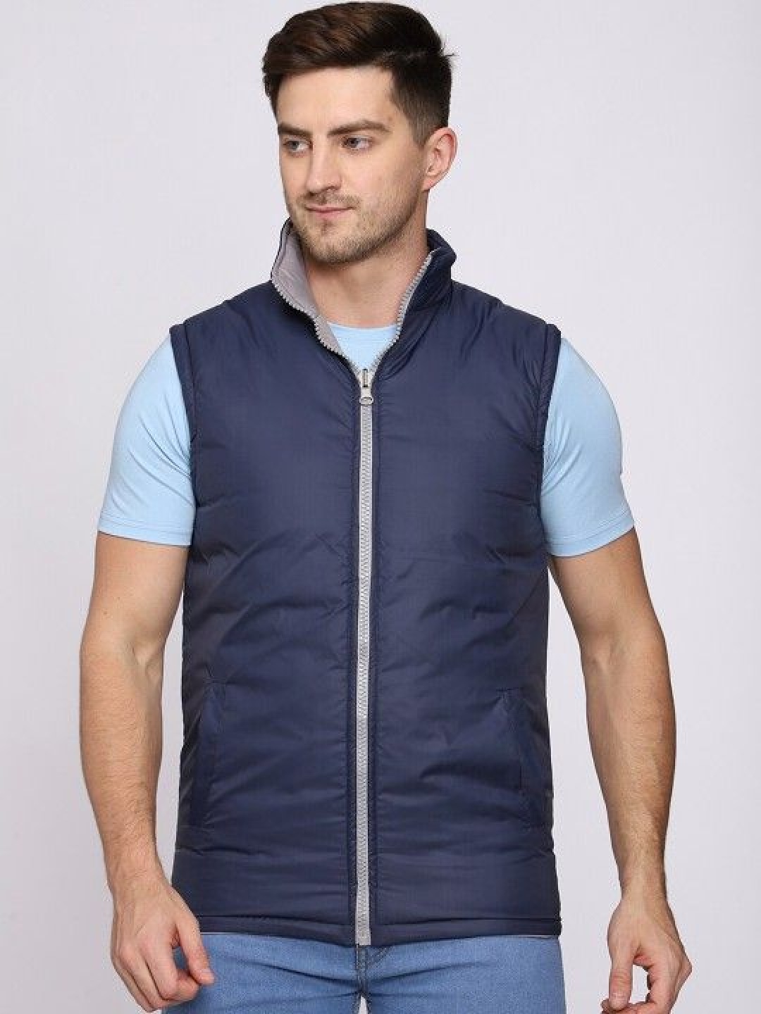 

Mark Leute Men Mock Collar Solid Casual Padded Reversible Jacket, Grey