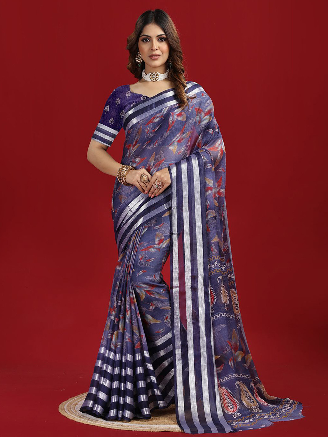 

NIRMAL CREATION Floral Printed Zari Saree, Purple
