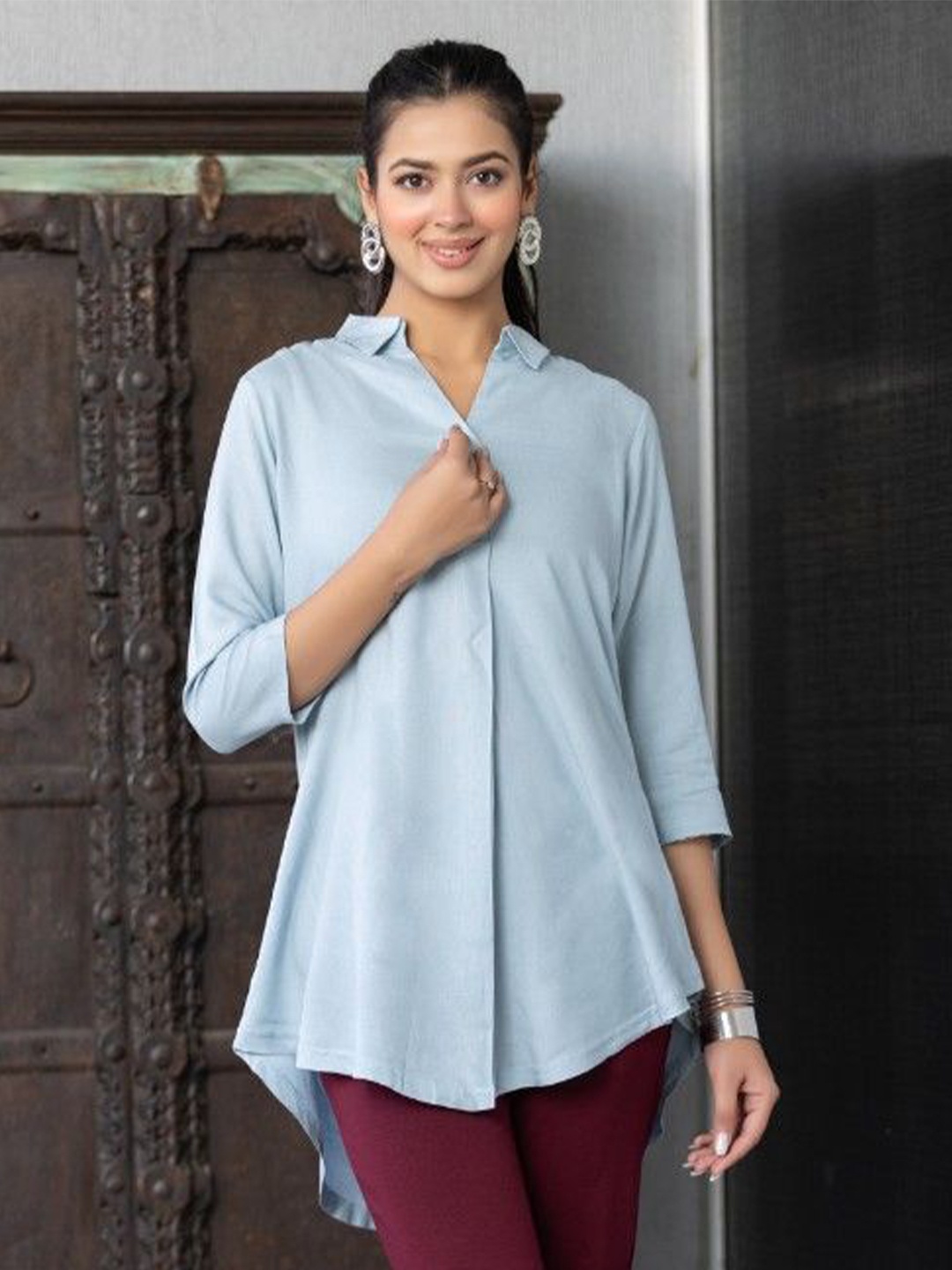 

Mlada Women Shirt Collar Style Rayon Flare Top, Grey