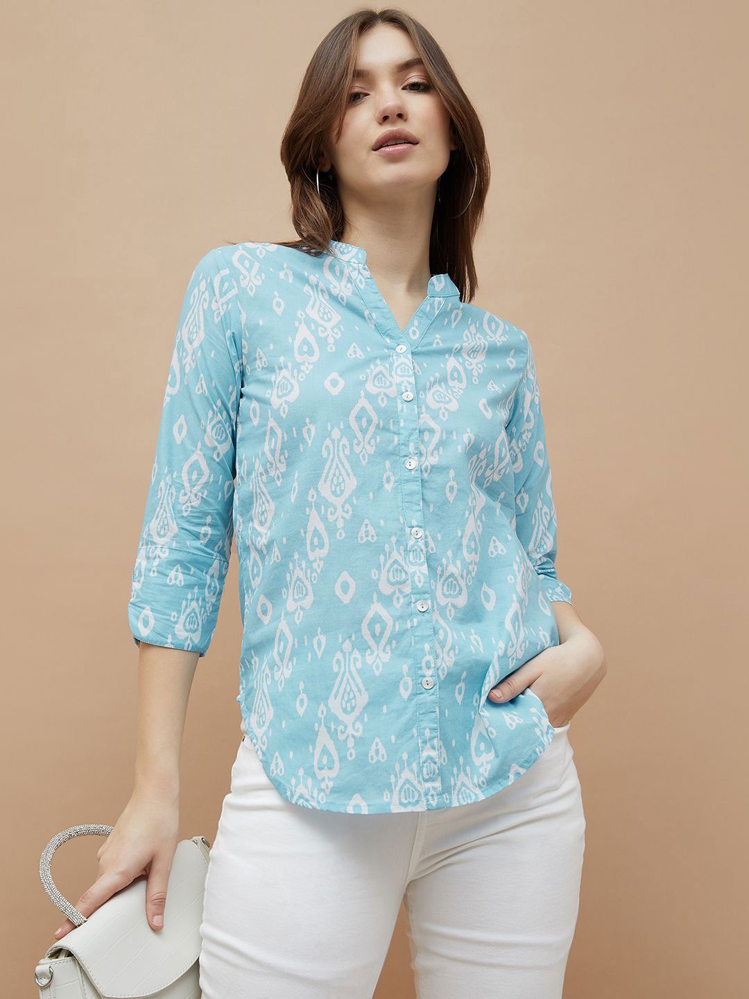 

Colour Me by Melange Women Mandarin Collar Ethnic Motifs Printed Cotton Casual Shirt, Blue