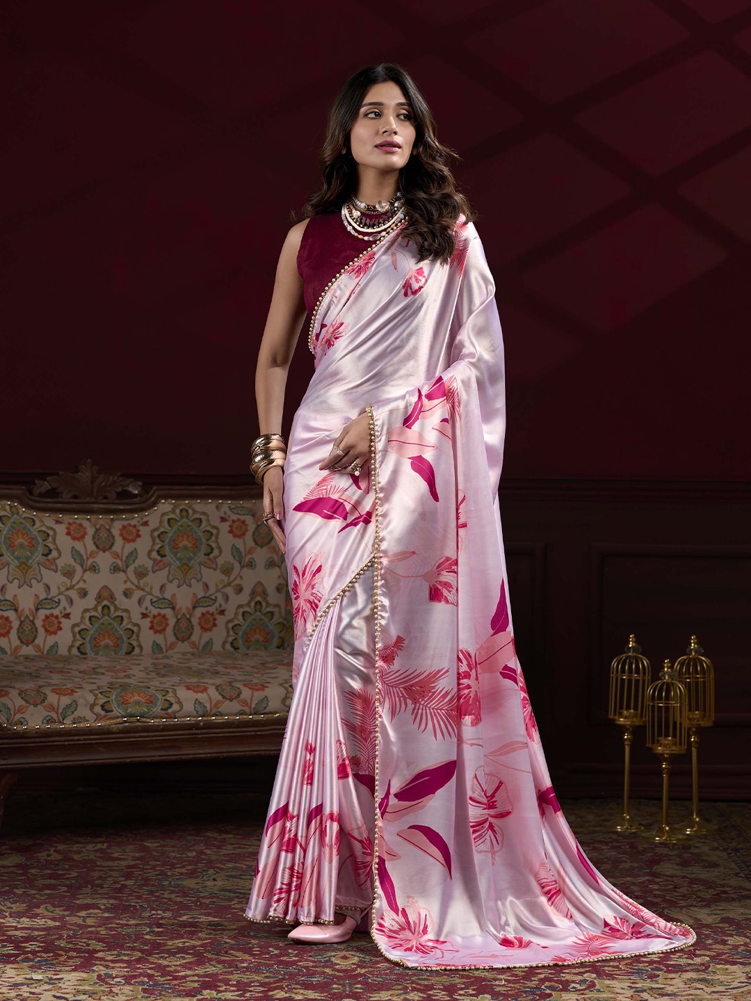 

MADHAVPRIYA Floral Beads and Stones Satin Saree, Pink