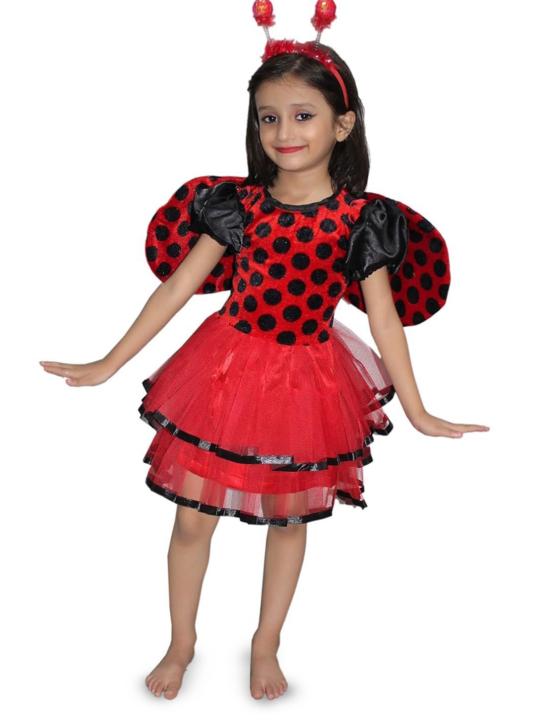 

Kaku Fancy dresses Kids Printed Lady Bird Insect Costume Frock With Wings & Hairband, Red