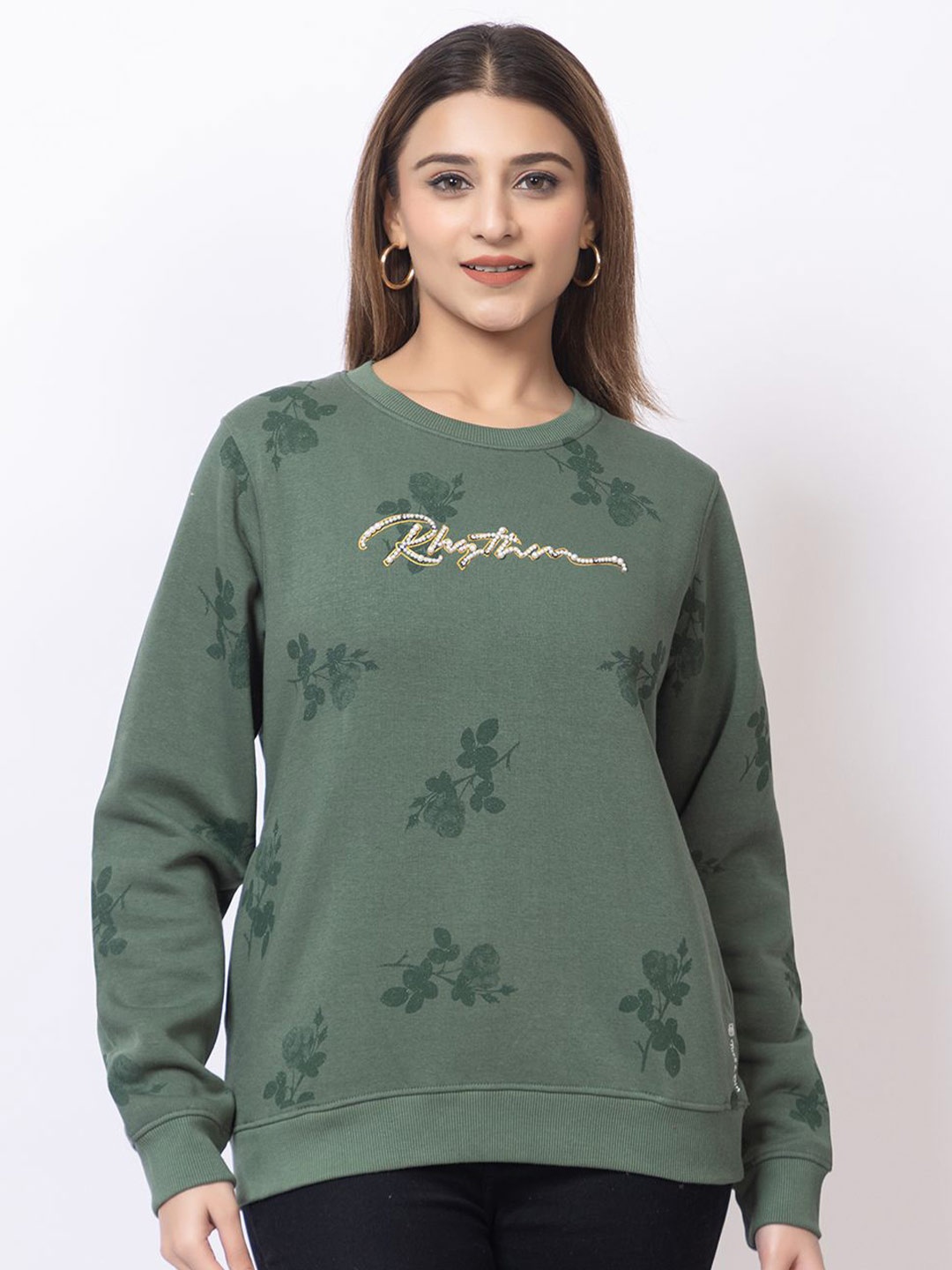 

Cheribell Women Printed Pullover Sweatshirt, Green