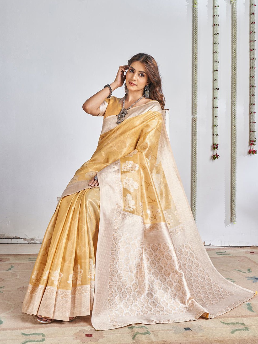 

NK Textiles Ethnic Motifs Zari Tissue Kasavu Saree, Yellow