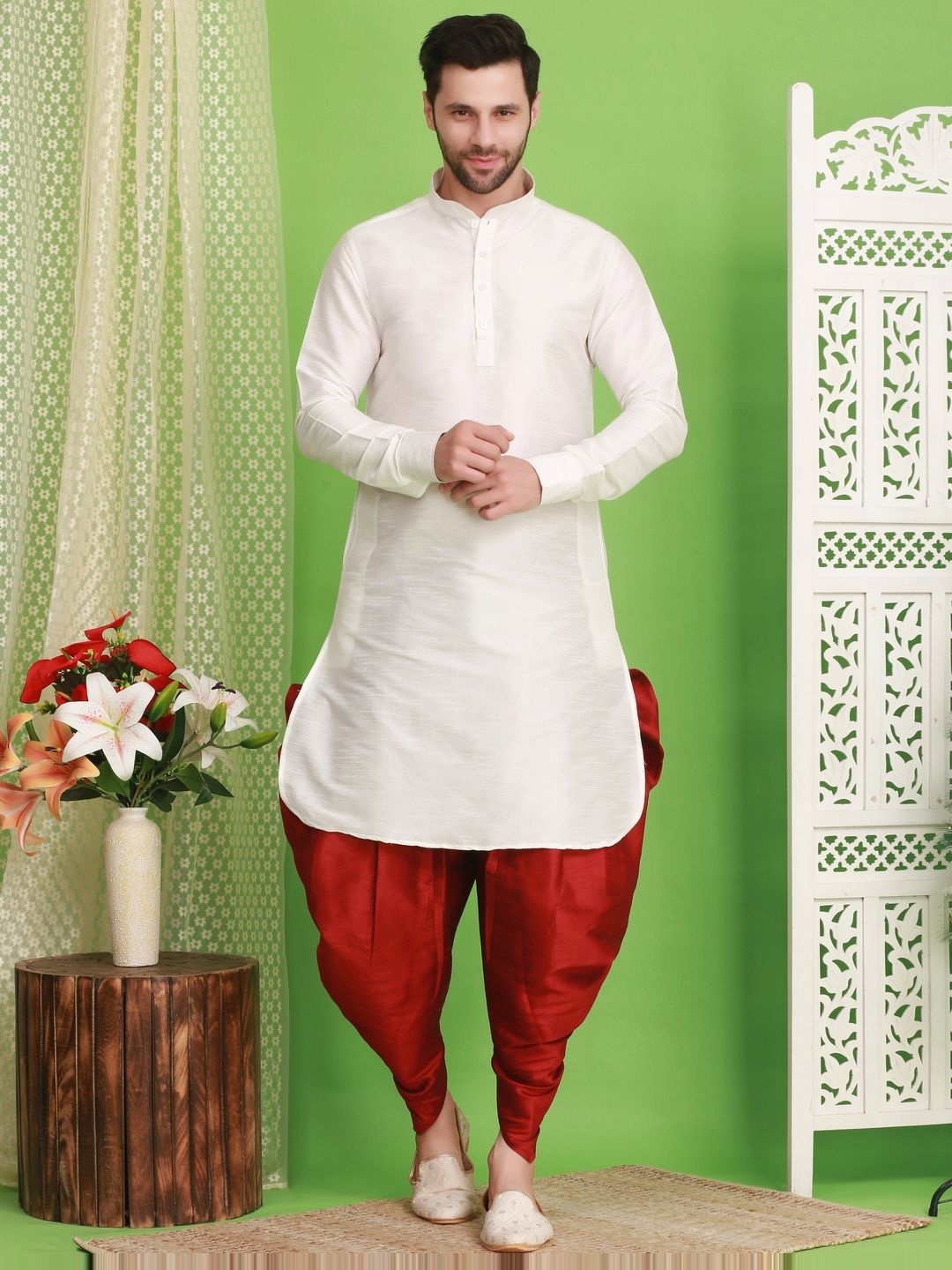 

Larwa Men Regular Dupion Silk Kurta with Salwar, White