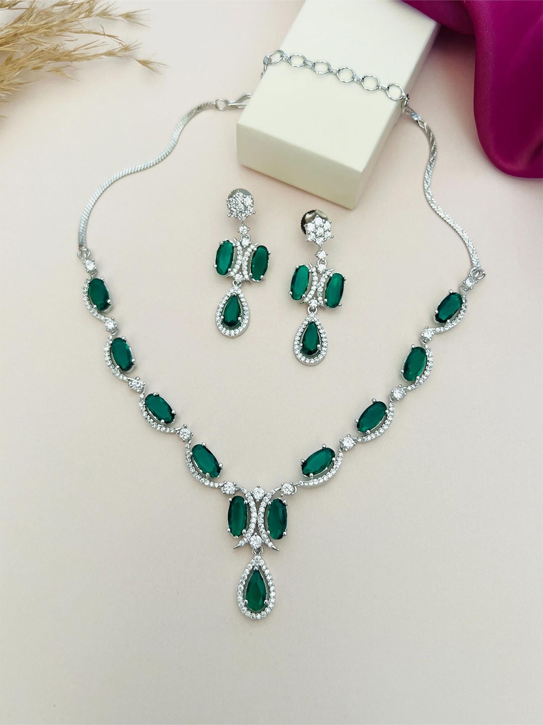 

ABDESIGNS Sliver Plated American Diamond Studded Jewellery Set, Silver