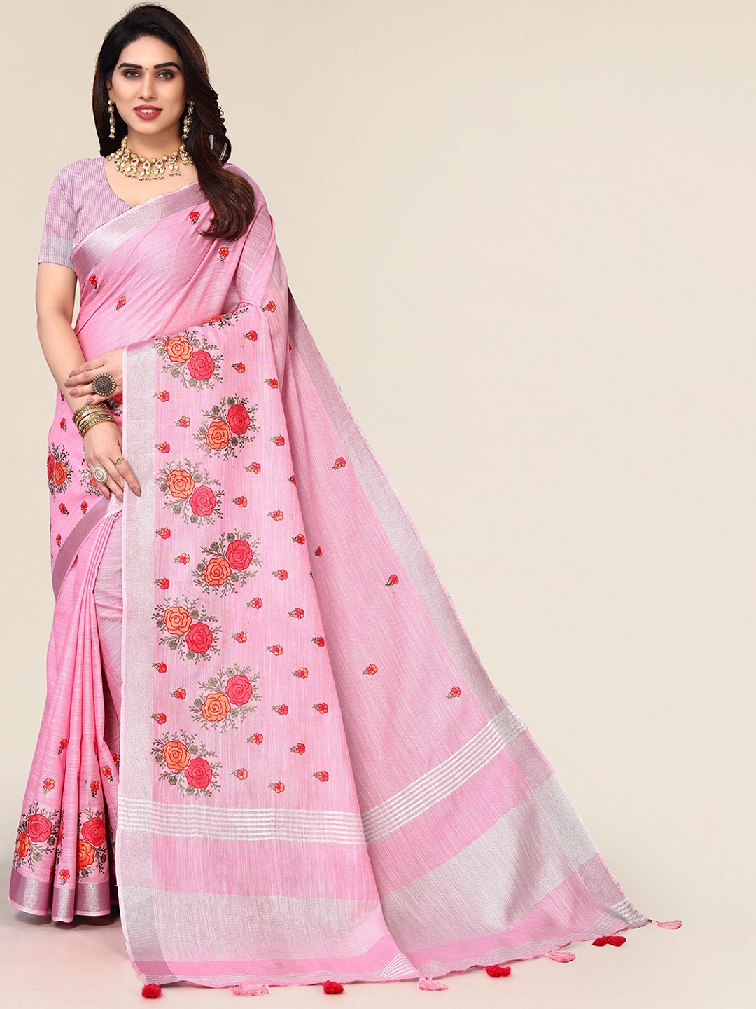 

A.V.M. SILK MILLS Floral Embroidered Zari Pure Cotton Saree, Pink