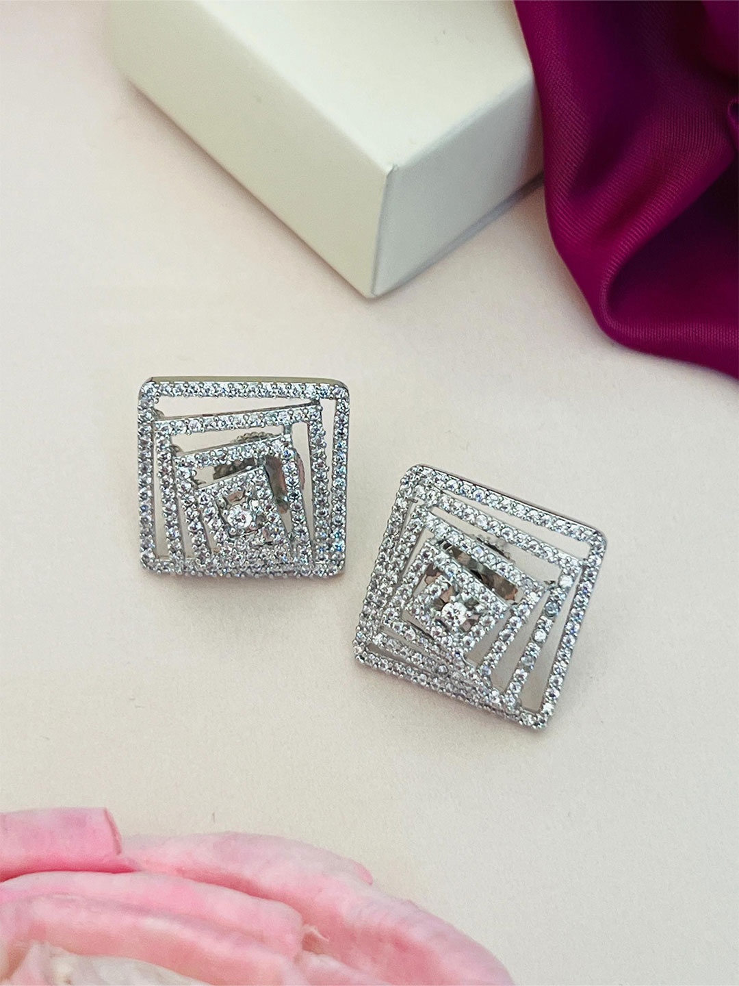 

ABDESIGNS Silver-Plated Classic American Diamond Studded Studs