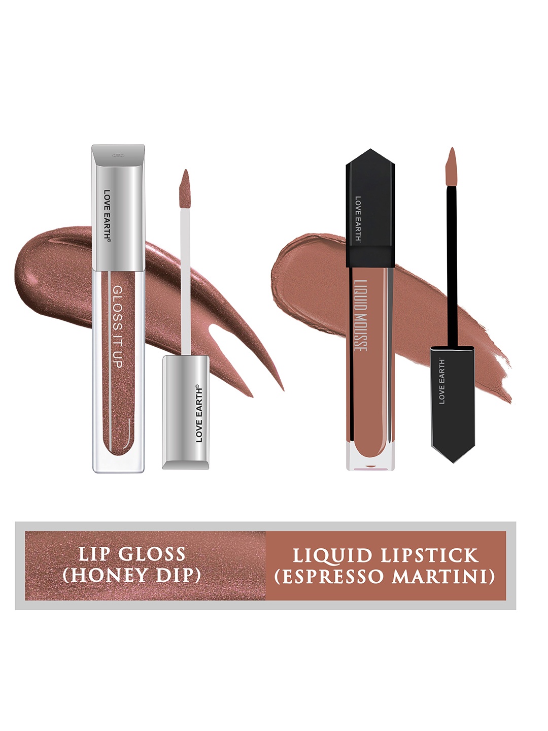 

LOVE EARTH Set of Liquid Mousse Matte Lipstick 6 ml & Gloss It Up Lip Gloss 3ml, Brown