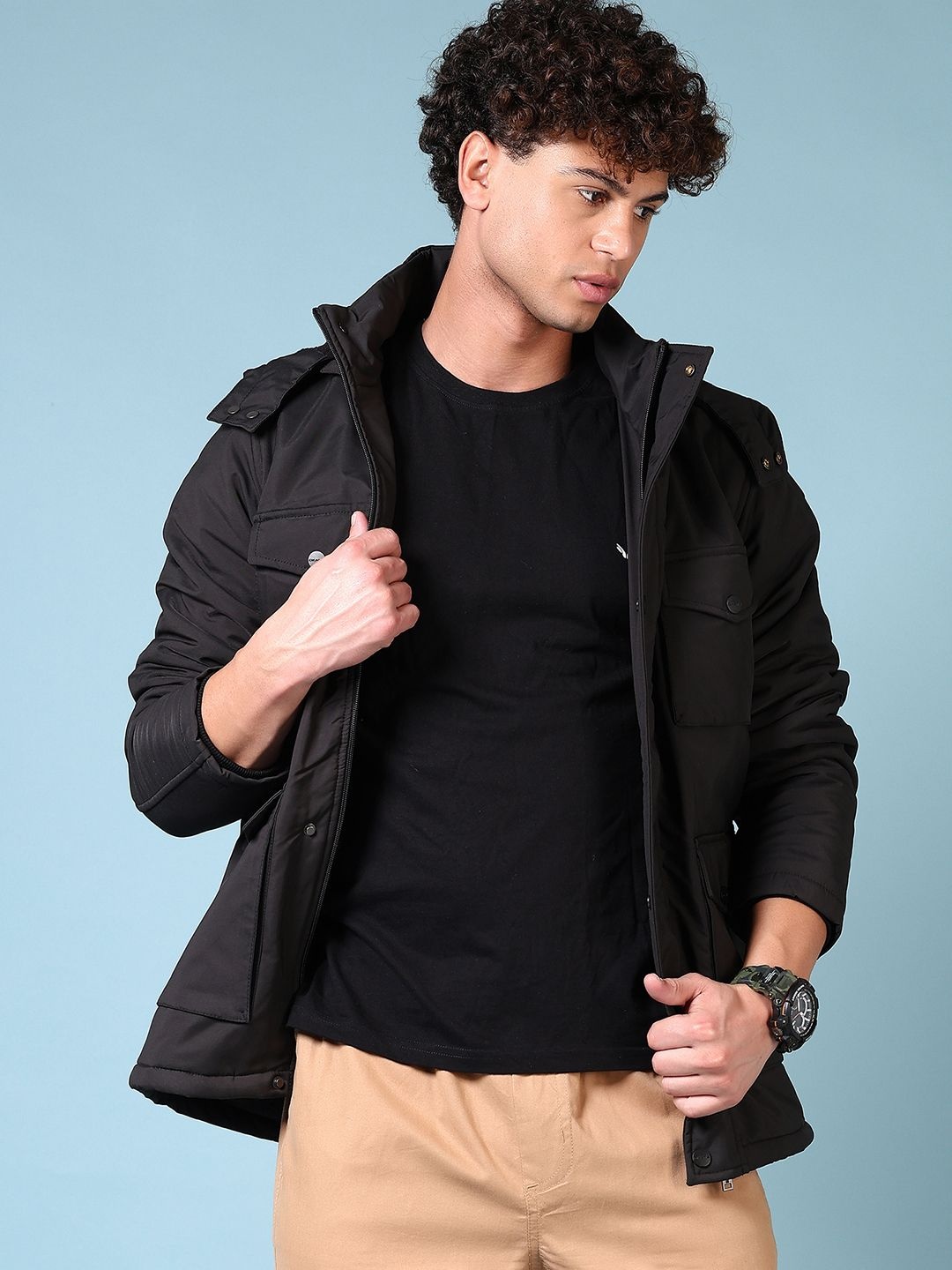 

V-Mart Men Hooded Solid Cotton Casual Tailored Jacket, Black
