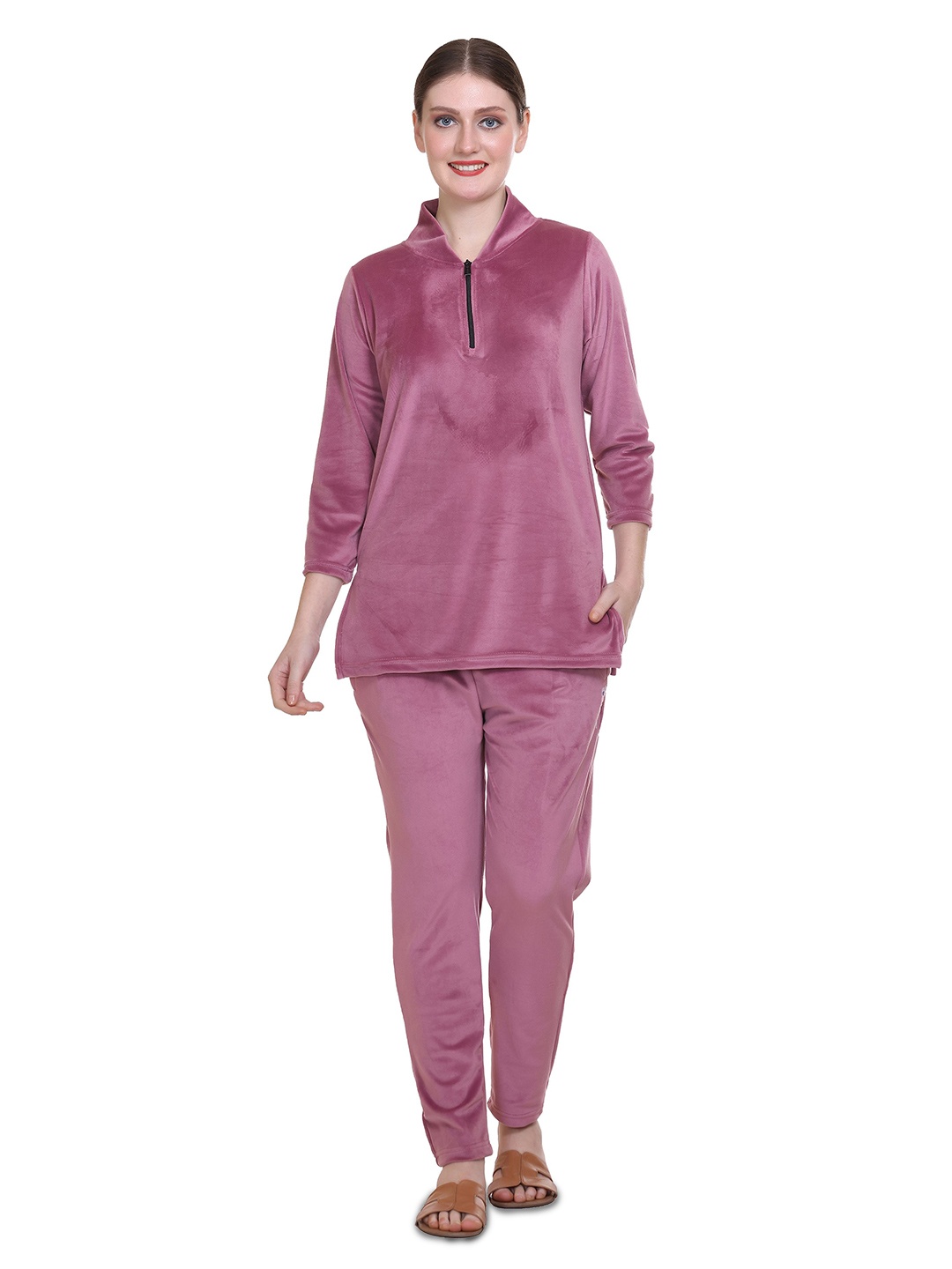 

URBE-URBAN EVOLUTION Mandarin Collar Longline Velvet Top With Pyjama, Pink