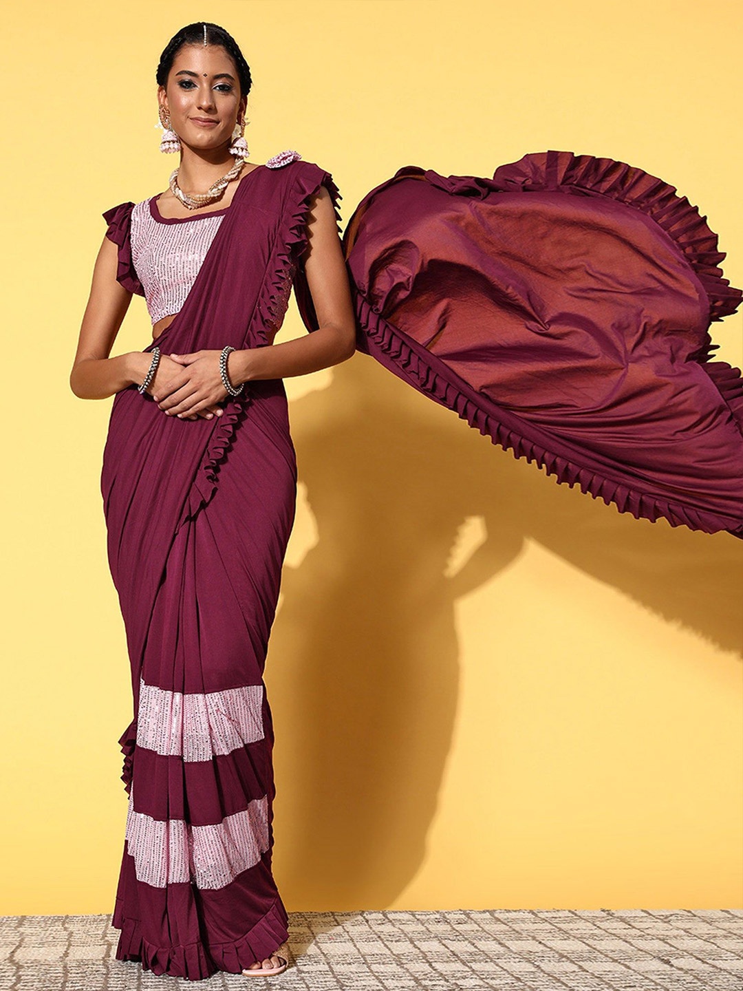

Peachmode Embellished Sequinned Art Silk Ready to Wear Saree, Purple