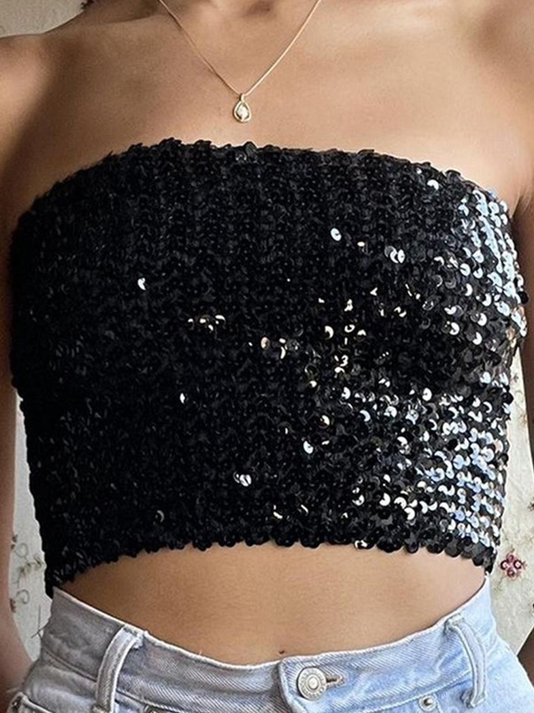 

LULU & SKY Embellished Off-Shoulder Tube Crop Top, Black