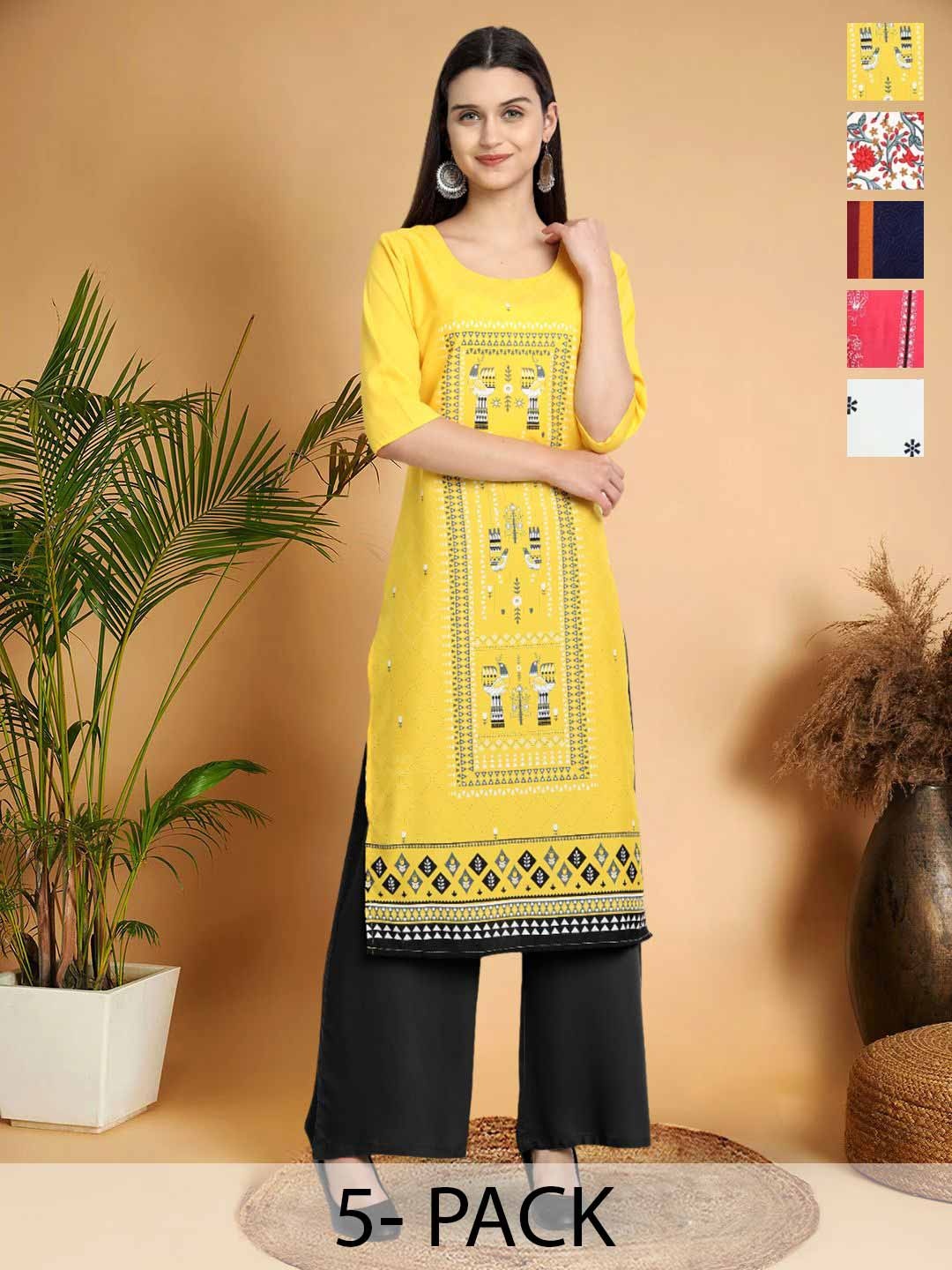 

7Threads Selection of 5 Ethnic Motifs Printed Round Neck Straight Kurta, Yellow