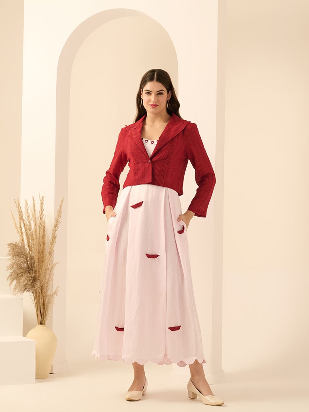 

First Resort by Ramola Bachchan Embroidered A-Line Maxi Dress With Blazer, Pink