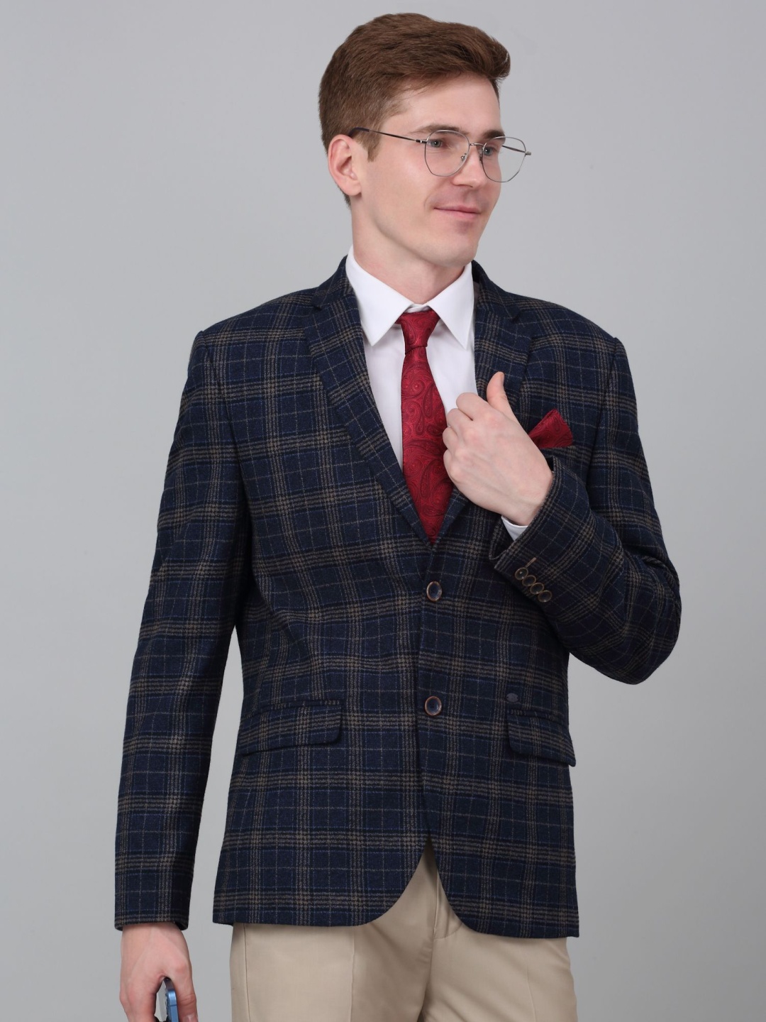 

Cantabil Checked Notched Lapel Single Breasted Blazer, Navy blue