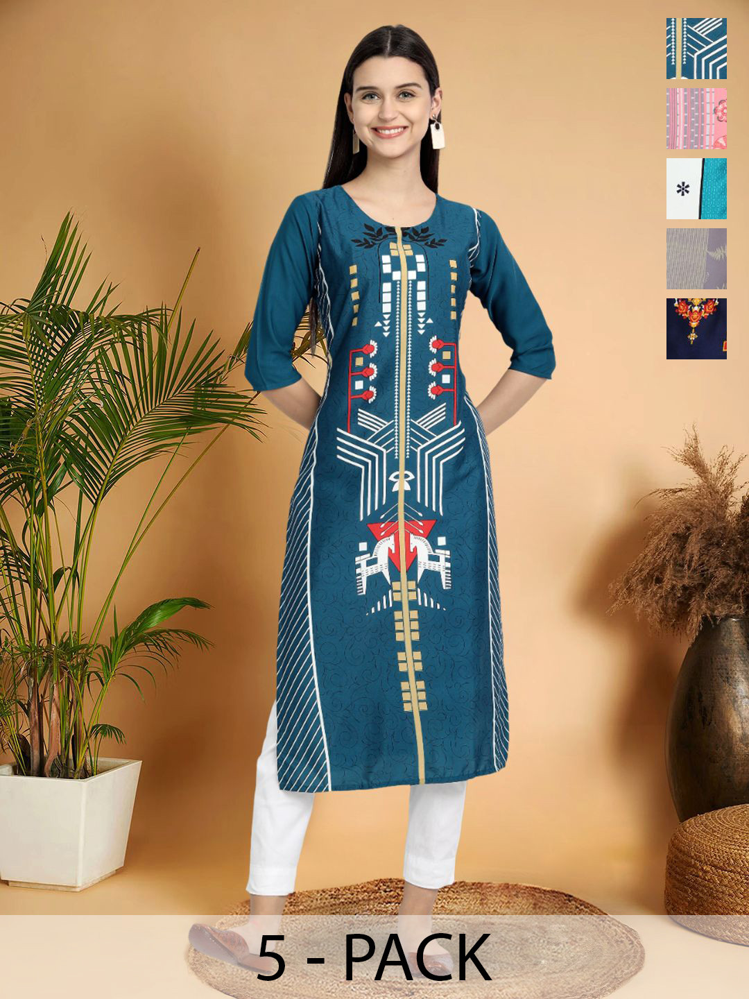 

7Threads Selection Of 5 Geometric Printed Round Neck Straight Kurtas, Green