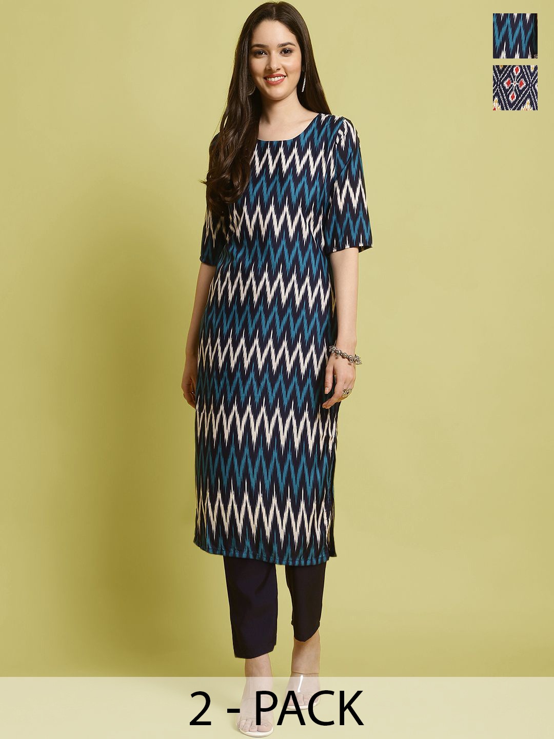 

7Threads Selection Of 2 Chevron Printed Round Neck Straight Kurta With Trousers, Black