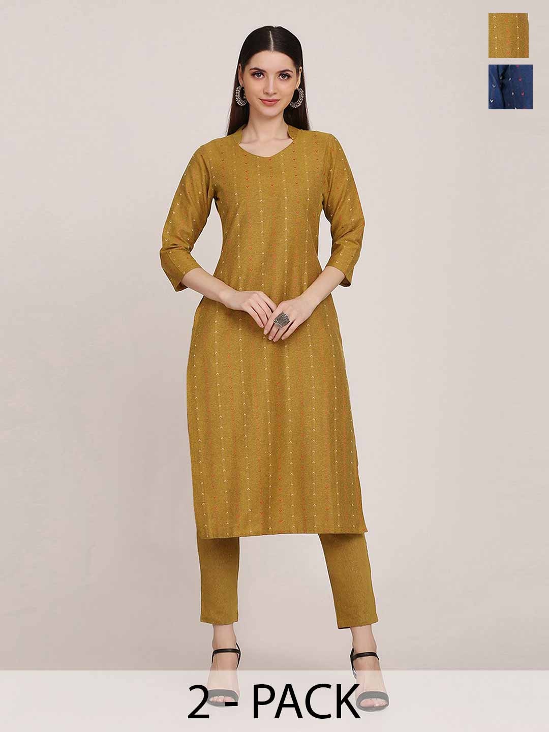 

KALINI Selection of 2 Striped Printed Mandarin Collar Straight Kurta with Trousers, Mustard