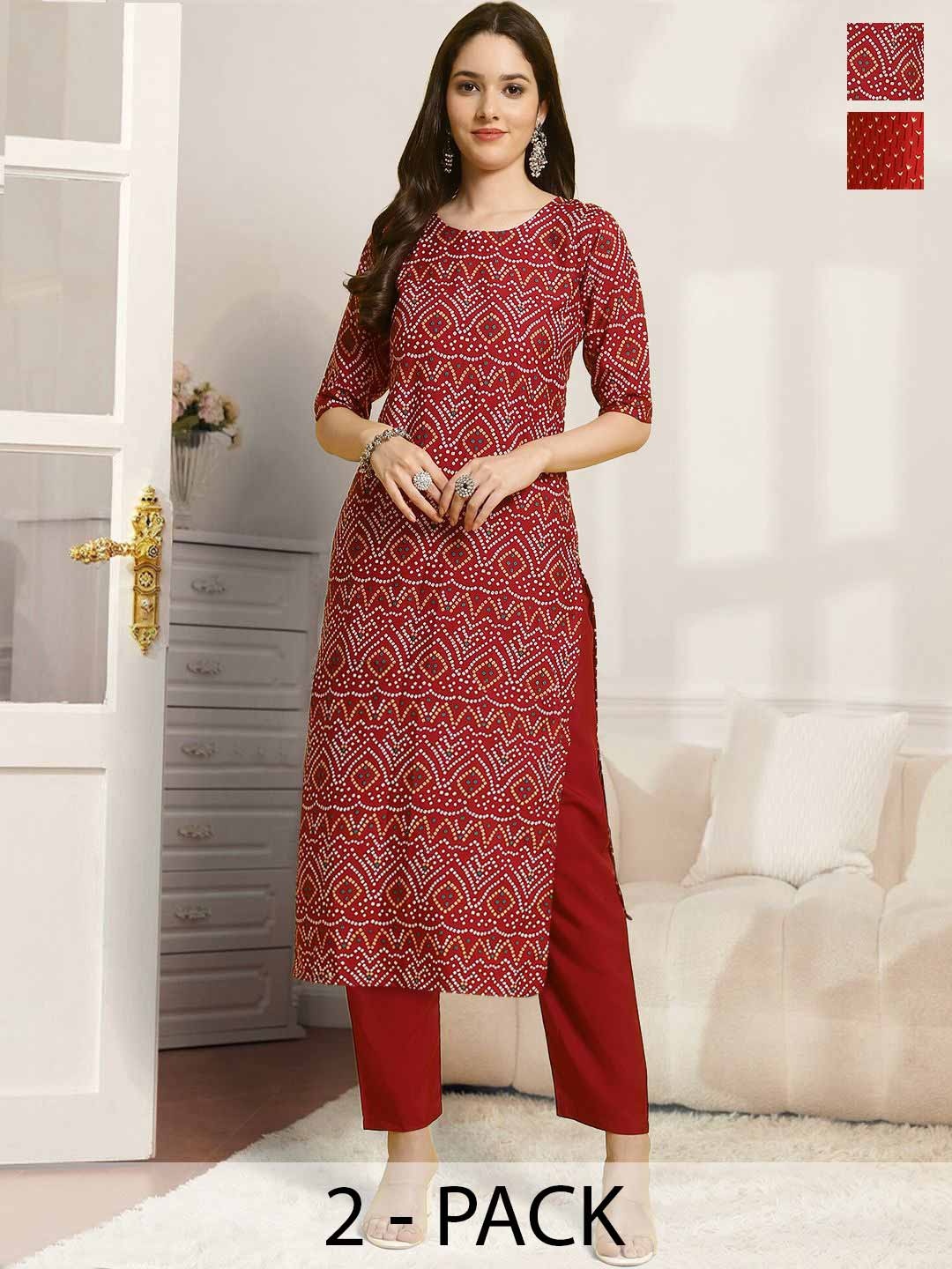 

7Threads Selection Of 2 Bandhani Printed Round Neck Straight Kurta With Trousers, Red