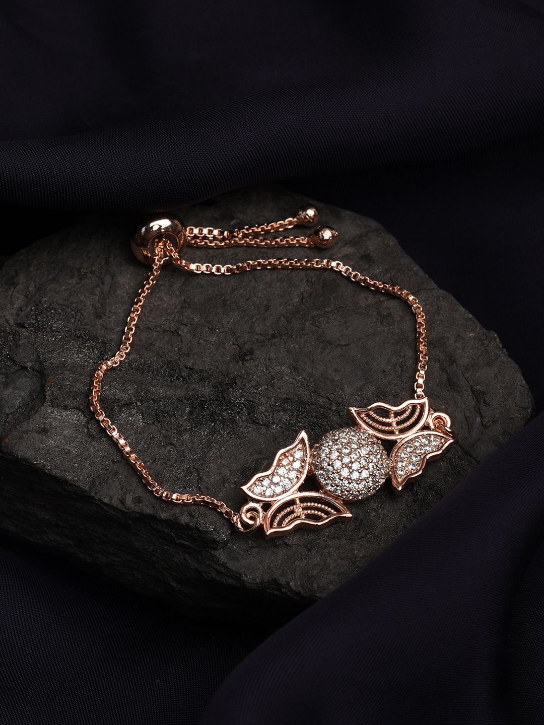 

XPNSV Rose Gold-Plated American Diamond Studded Butterfly Charm Bracelet