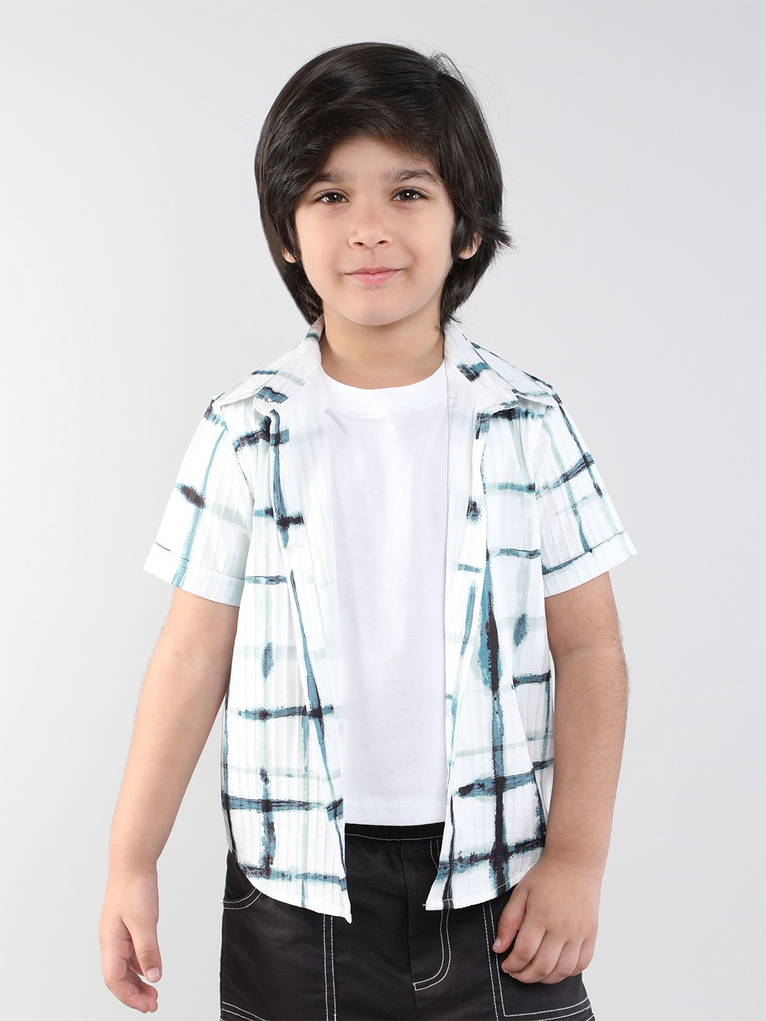 

taffykids Boys Relaxed Fit Spread Collar Windowpane Checked Casual Shirt, White