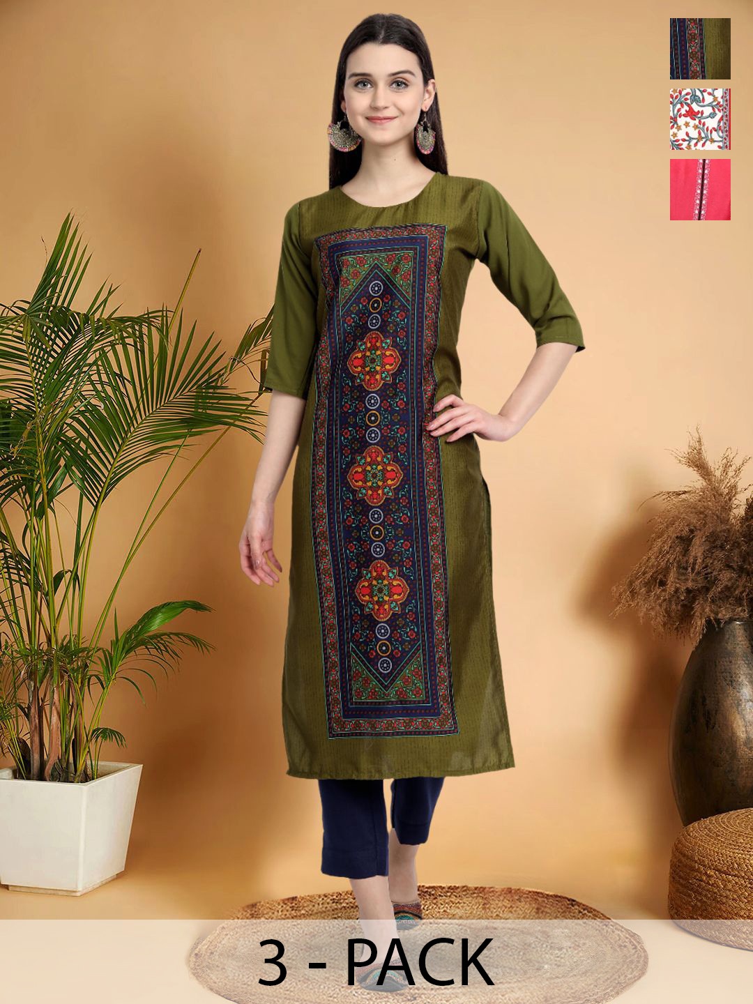 

7Threads Selection Of 3 Ethnic Motifs Printed Round Neck Straight Kurtas, Green