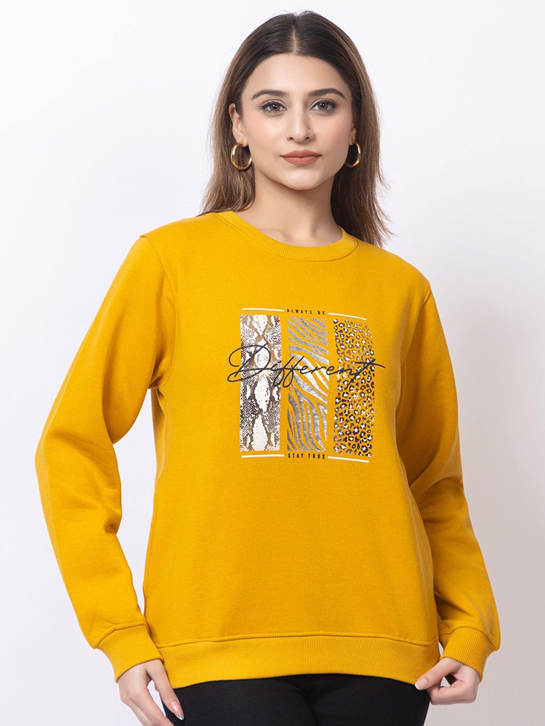 

Cheribell Women Printed Round Neck Sweatshirt, Mustard