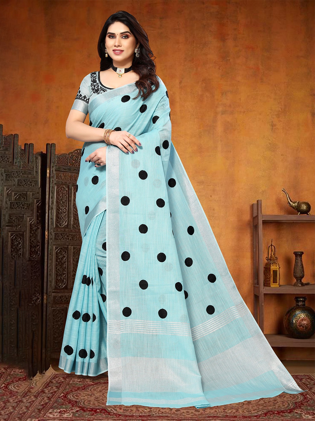 

A.V.M. SILK MILLS Polka Dot Zari Pure Cotton Saree, Turquoise blue