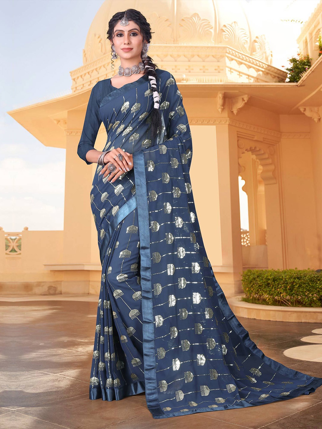 

Peachmode Embellished Sequinned Pure Georgette Saree, Blue