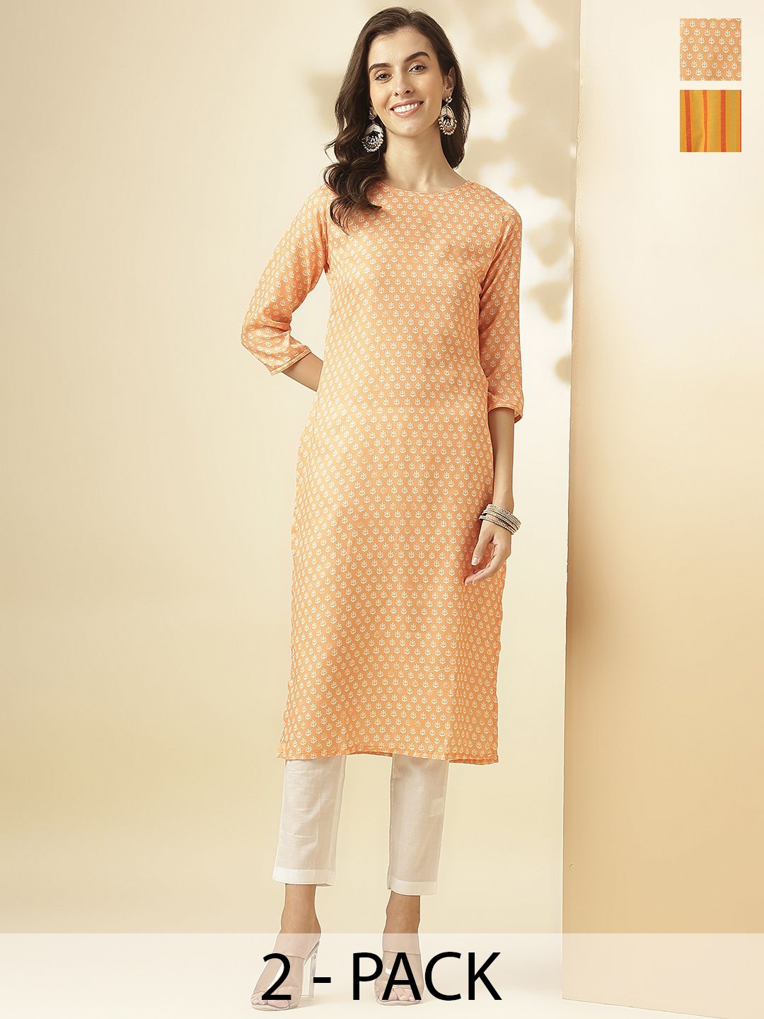 

KALINI Selection of 2 Ethnic motifs Round Neck Straight Kurta with Trousers, Orange