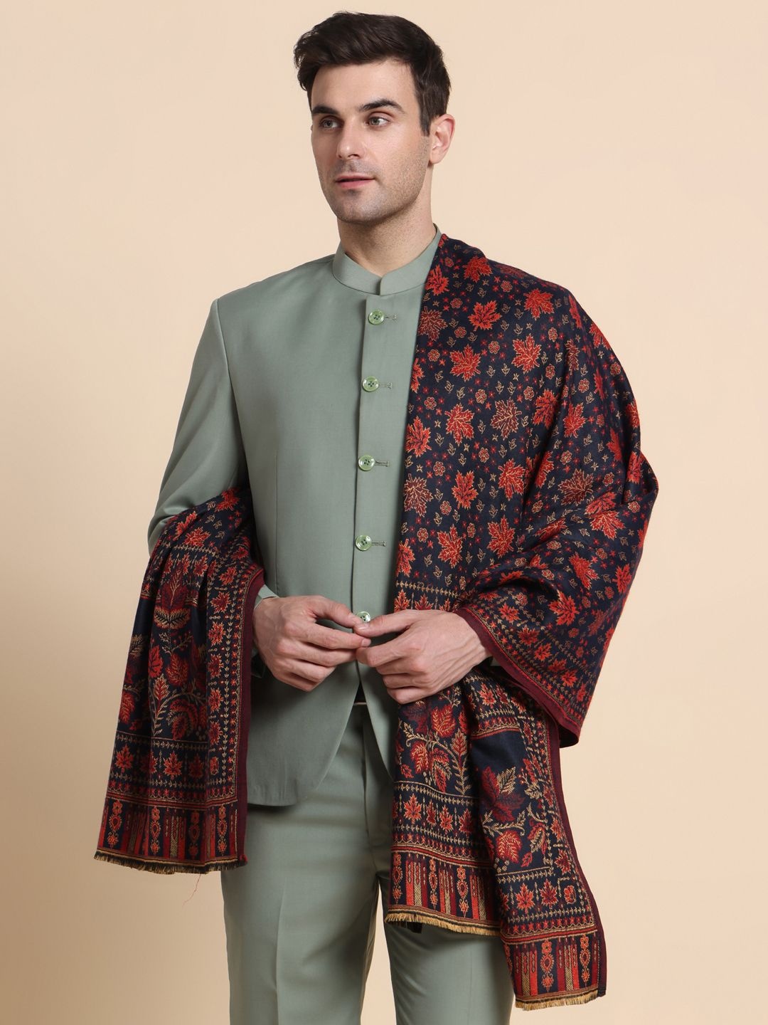 

WEAVERS VILLA Men Floral Woven Design Shawl, Navy blue