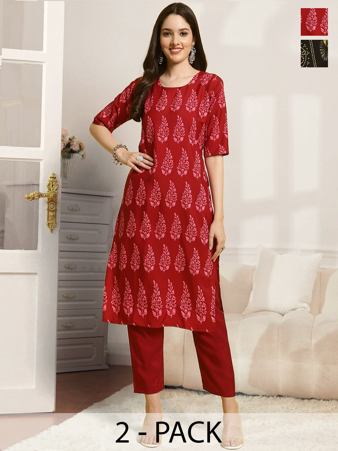 

7Threads Selection Of 2 Floral Printed Round Neck Straight Kurtas With Trousers, Red