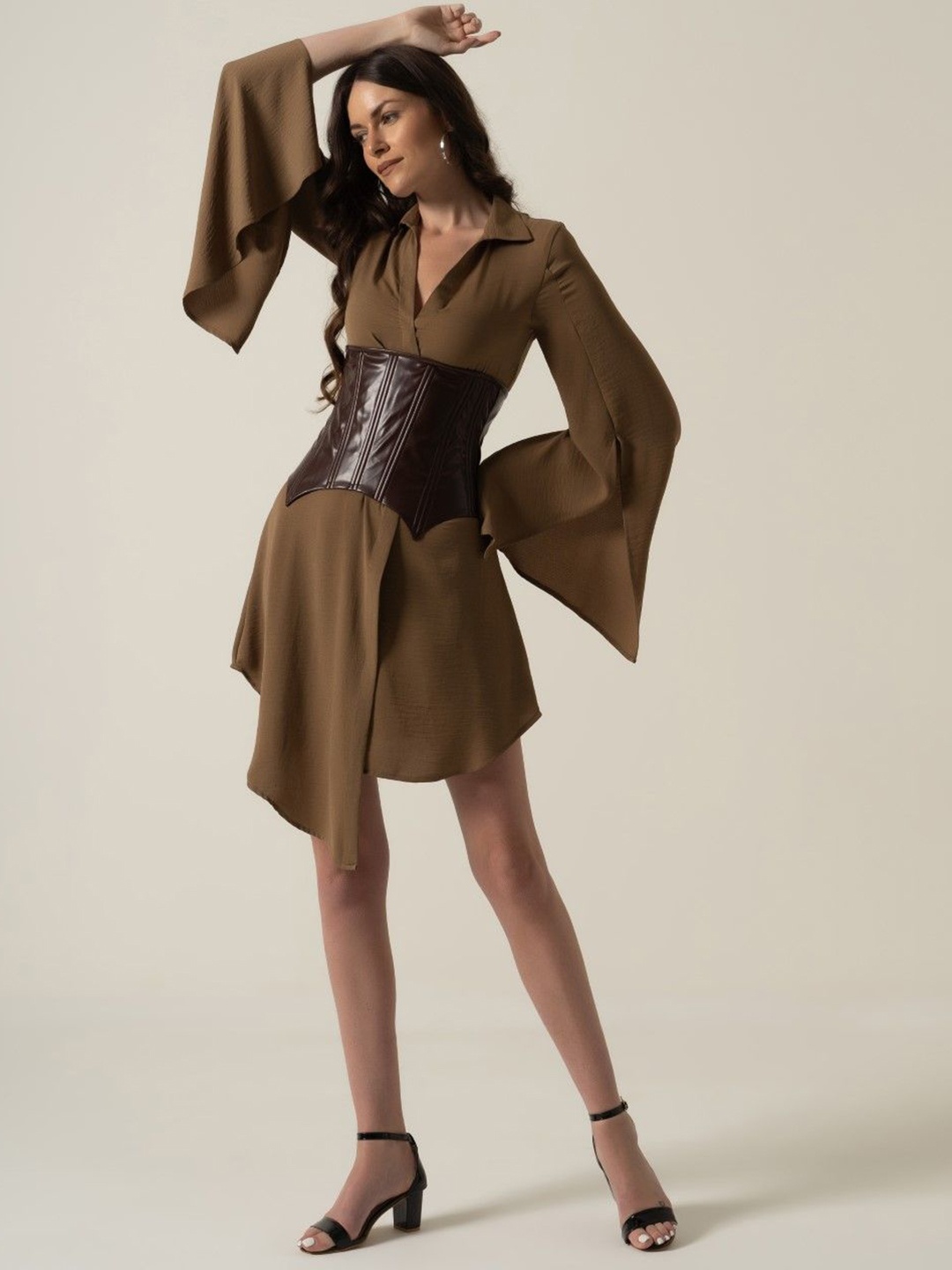

CHALSI & CYRUS Bell Sleeve Satin A-Line Dress, Brown