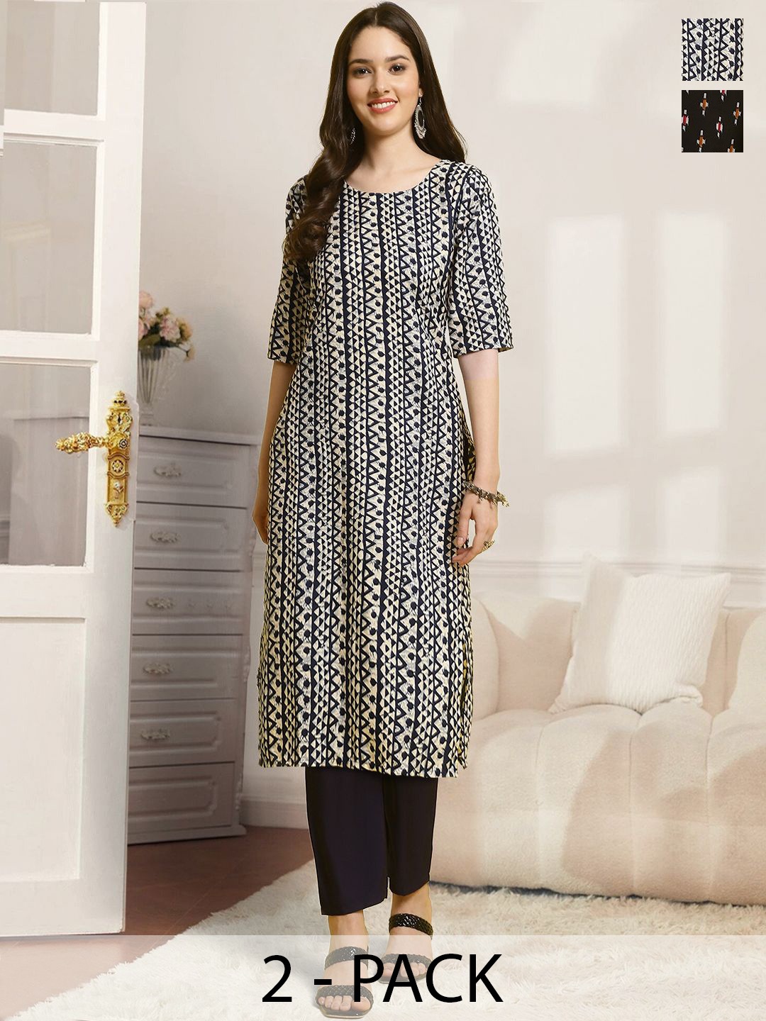 

7Threads Selection Of 2 Geometric Printed Straight Kurtas With Trousers, Off white