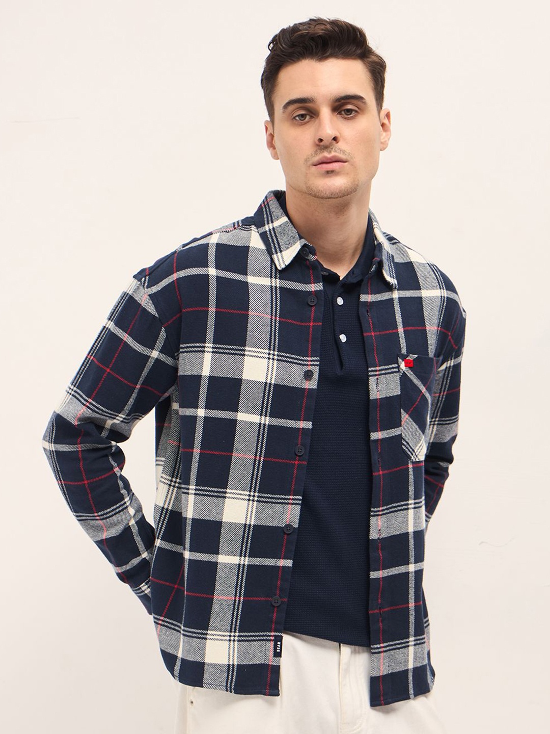 

THE BEAR HOUSE Men Relaxed Fit Spread Collar Tartan Checked Cotton Shacket, Navy blue
